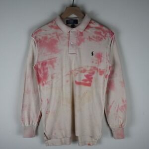 Ralph Lauren Polo Long Sleeve Polo Shirt Ivory Distressed Medium 18.5x25.5